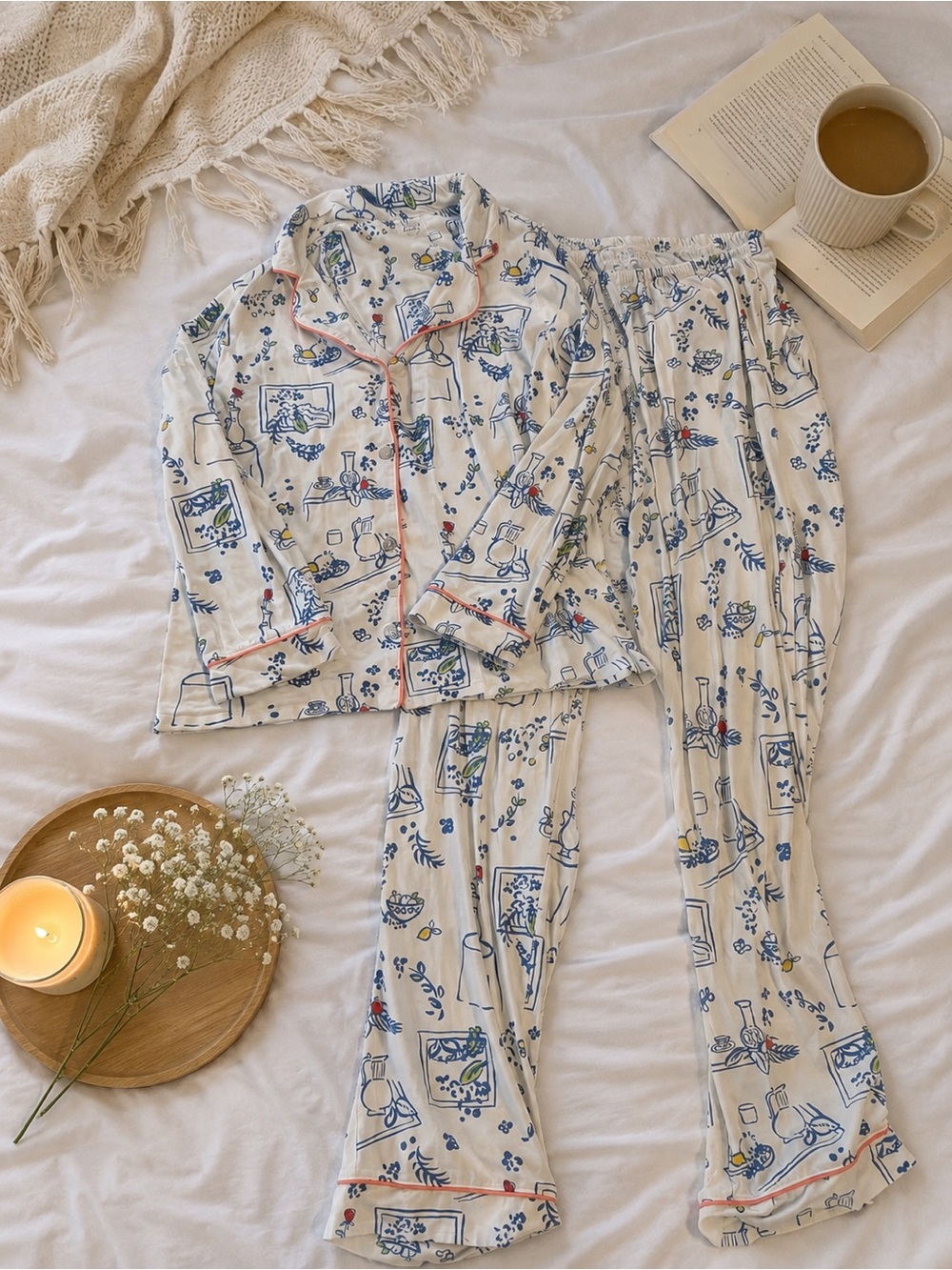 BedHead PJs Blue White Whimsical Toile Long Sleeve Pajama Set